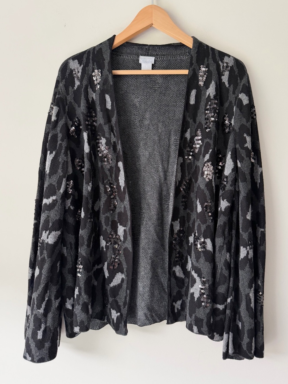 Chico's Sequin Accent Animal Print Cardigan Grey Black Sz 3/XL Open Front Knit